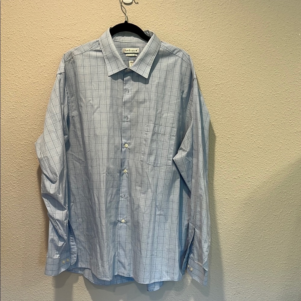 Van Heusen Blue Plaid with Green trim. Dress Shirt Classic Cotton Blend.
